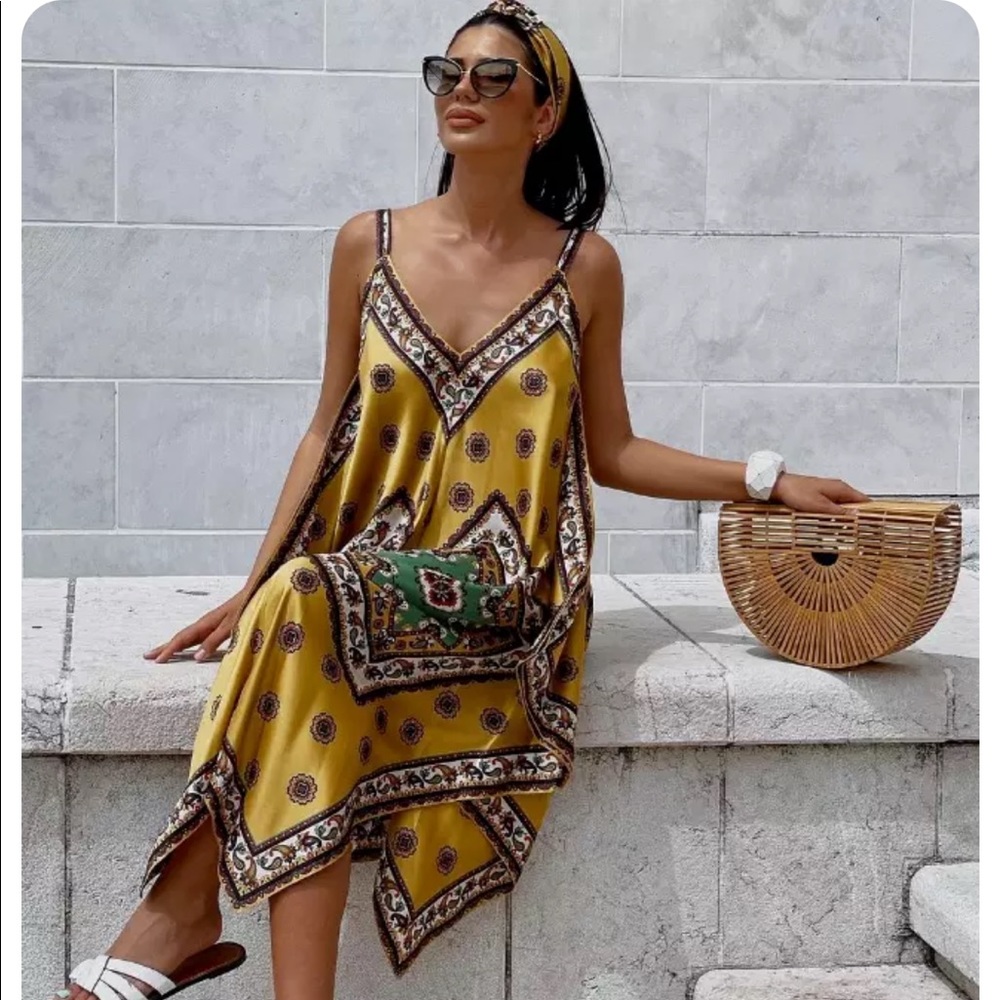 ZARA WOMAN V-NECK WIDE STRAPS PRINTED DRESS WITH HEADBAND MUSTARD Size S
